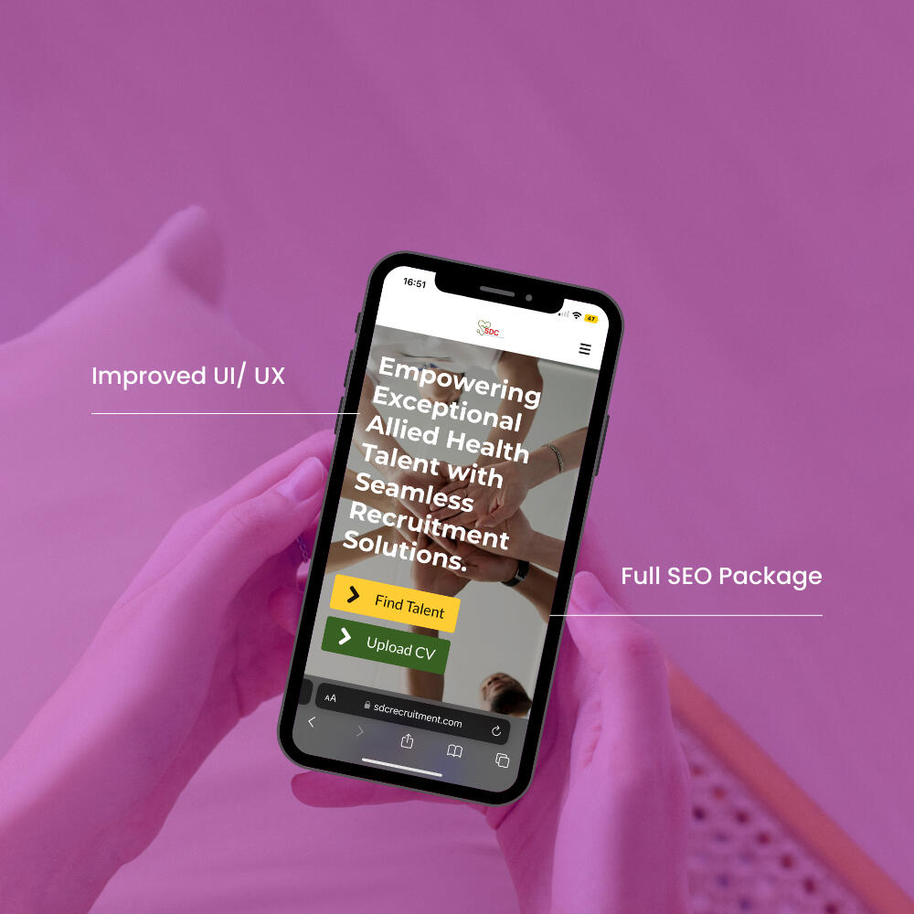 A smartphone displaying a recruitment website with the tagline 'Empowering Exceptional Allied Health Talent with Seamless Recruitment Solutions.' Highlights include 'Improved UI/UX' and 'Full SEO Package,' shown on a vibrant purple background.